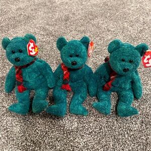 Green TY Beanie Baby Trio with Red Scarf